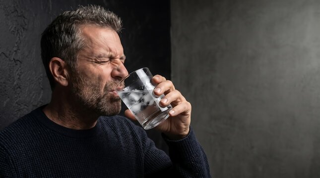 Mature man wincing in pain while drinking ice cold water representing sensitive teeth or oral discomfort