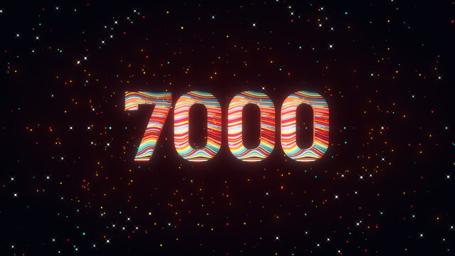 Vibrant 3D number 7000 illuminated by red, yellow, and multicolor flowing lines, glowing particles, and cosmic sparkles for a futuristic digital achievement concept.