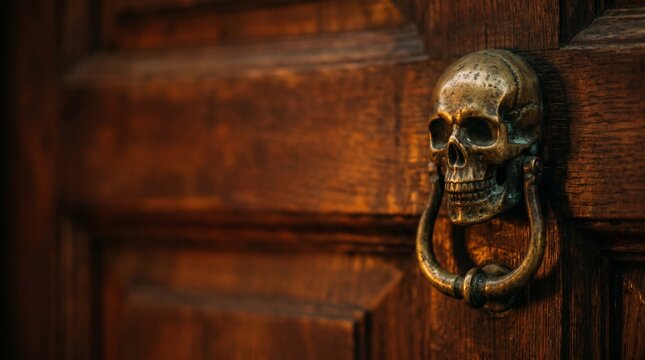 Antique brass skull door knocker mounted on rustic weathered wooden panels with warm cinematic lighting highlighting metallic textures