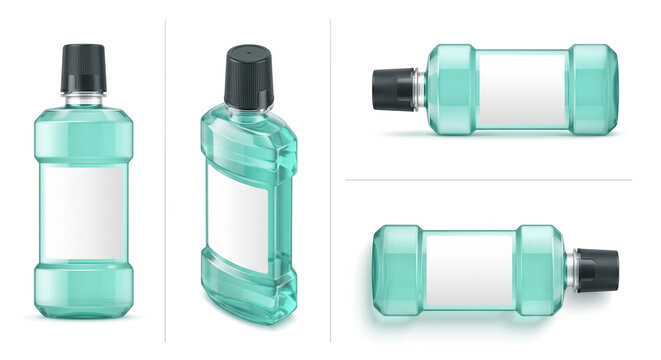 Clear Plastic Antiseptic Mouthwash Bottle with Measuring Cap Isolated on White Background 4 Different Angles