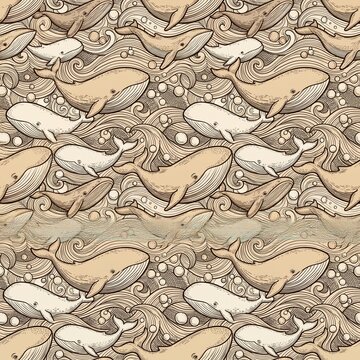 Seamless Pattern of Whales in Ocean Waves, Hand Drawn Sketch Style Illustration, Vintage Nautical Background with Marine Life, Decorative Sea Animal Wallpaper for Textile Design, Print and Web Graphic