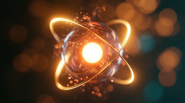 Atom and atomic nucleus with glowing energy particles orbiting in quantum physics light for abstract science art