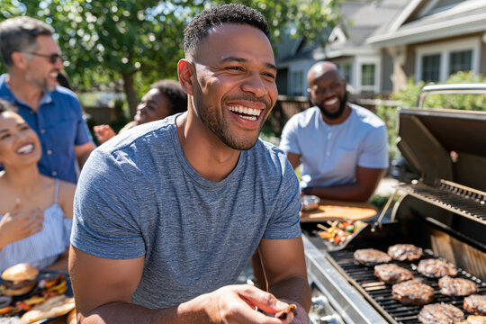 Man laughs while grilling burgers outdoors. Friends smile, enjoying sunny backyard gathering. Grilled meat sizzles on large outdoor grill. Joyful atmosphere, perfect for casual gatherings