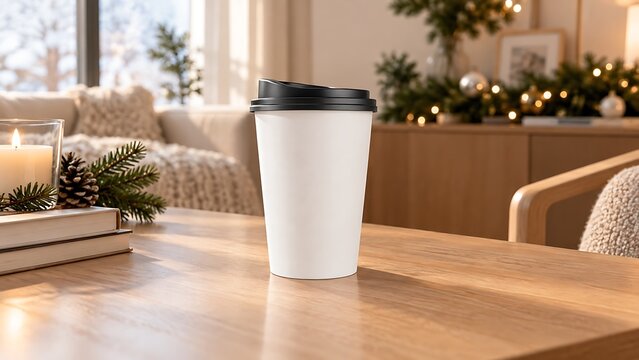 A white disposable coffee cup with a black lid sits on a wooden table in a cozy, festive living room with winter holiday decorations.