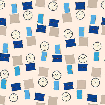 Seamless pattern of clocks, doors, and pillows