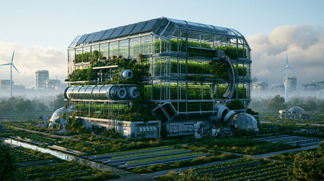 Modern Sustainable Urban Glass Greenhouse and Vertical Farm Building