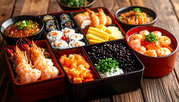 Traditional Japanese Osechi New Year Feast in Lacquered Jubako Boxes