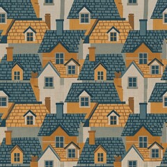 Seamless Pattern of Cute Cartoon Houses with Tiled Roofs and Chimneys, Hand Drawn Vector Illustration for Kids Textile Design, Wallpaper, Wrapping Paper, Stationery, and Home Decor Backgrounds © Alia