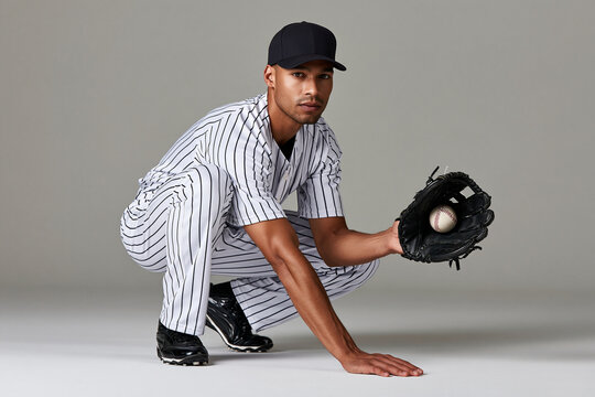 Young baseball player in striped uniform crouches low. He grips a glove, ready to catch a ball. His gaze sharp, focused on the unseen throw. Professional studio lighting highlights every detail