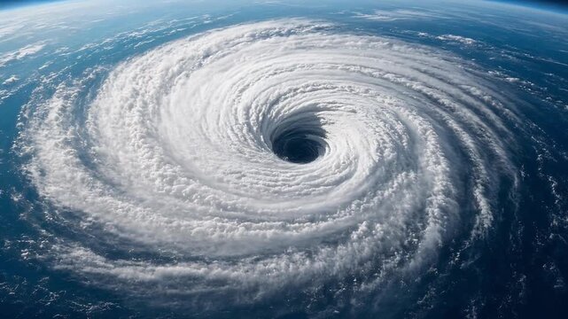 Aerial View of a Swirling Hurricane Over the Ocean with Vibrant Clouds and Deep Blue Waters