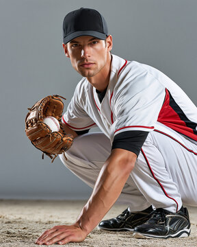 Young athlete crouches, ready for action. Hand grips ball, glove poised for catch. Focused gaze meets viewer, confident stance. White uniform, red trim, black cap complete look