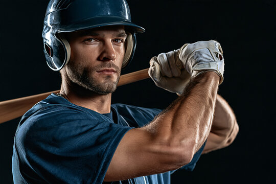 Athlete grips bat, focused, intense gaze ahead. Dark backdrop highlights muscle and determination. Perfect for sports, fitness, or motivational media. No animals, no plants in this image