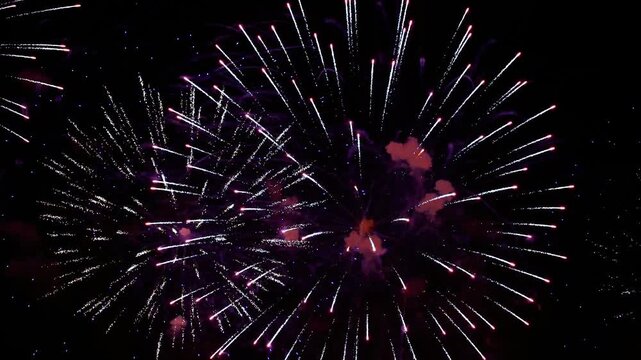 Vibrant firework display illuminating night sky with colorful explosions and sparkling trails for celebration events.