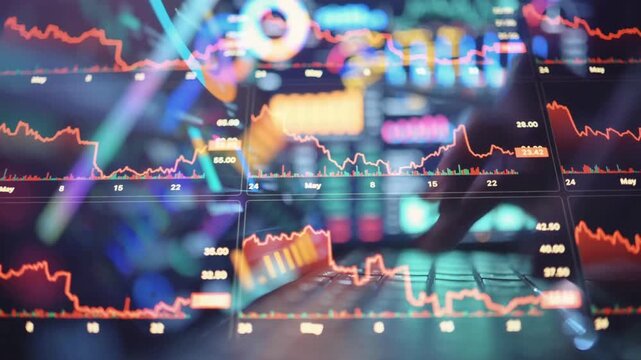 Financial market data display with red line graphs for stock prices suitable for financerelated presentations, reports, websites, and articles.