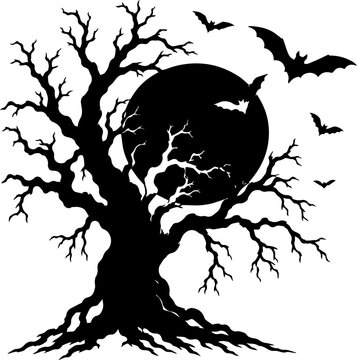Spooky Halloween Silhouette of a Gnarly Dead Tree with Full Moon and Flying Bats Vector Illustration
