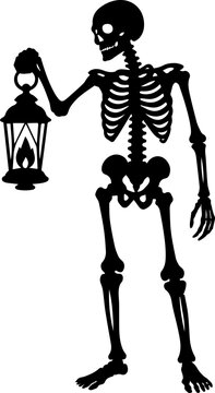 Black silhouette of a human skeleton holding a lantern, spooky Halloween character vector illustration for design