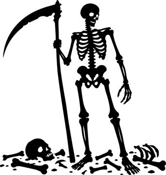 Grim Reaper Skeleton Holding Scythe Standing over Human Bones and Skull Black and White Vector Illustration