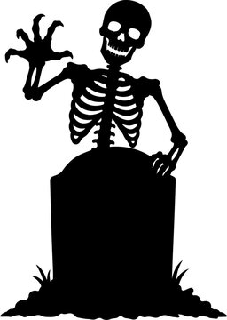 Spooky Skeleton Silhouette Rising from Behind a Tombstone Halloween Vector Illustration