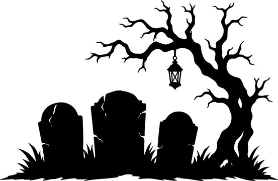 Halloween Cemetery Silhouette with Gravestones and a Lantern Hanging from a Spooky Gnarled Tree