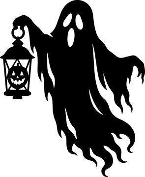 Black Silhouette of a Spooky Halloween Ghost Holding a Lantern with a Jack O Lantern Pumpkin Face Vector Illustration on White Background
