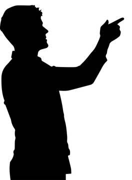 Silhouette of a Young Man Pointing Upwards and to the Side Isolated on White Background