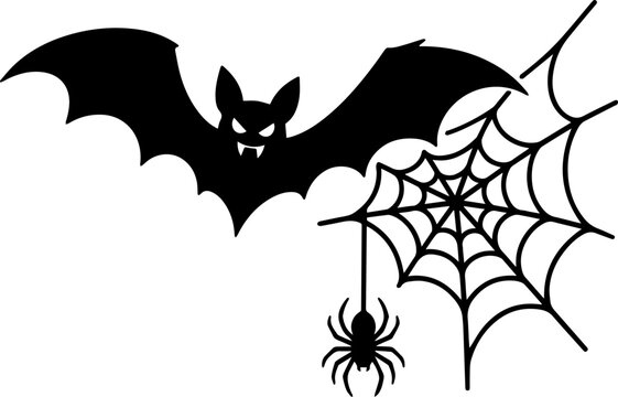 Halloween Silhouette Vector Illustration with a Flying Bat and a Spider Web with a Hanging Spider Isolated on White Background