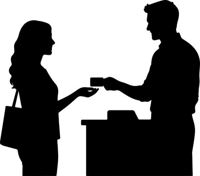 Silhouette of a Clerk Handing a Credit Card to a Female Customer at a Service Counter