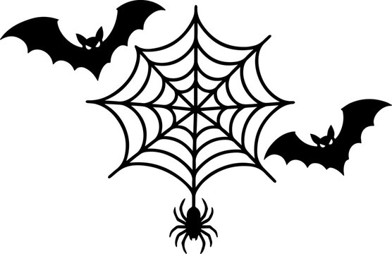 Halloween Spider Web with Bats and Hanging Spider Black Silhouette Vector Illustration