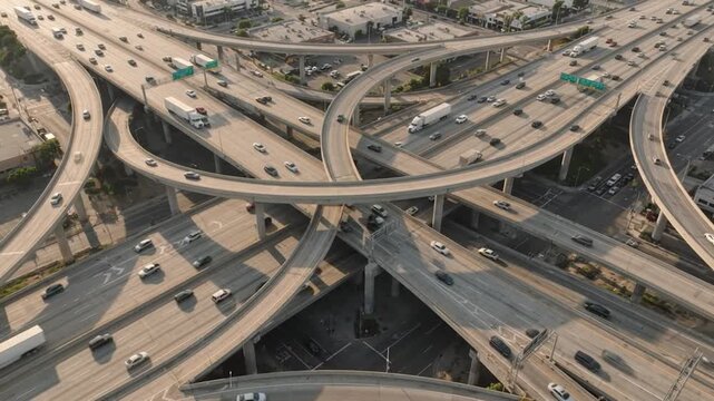Aerial view of busy urban highway interchange with heavy traffic and semi-trucks at sunset freeway