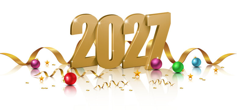 Realistic vector 3D golden 2027 numbers with colorful Christmas balls, gold ribbons, confetti and sparkling stars on white background. Festive New Year 2027 celebration design with shiny metallic deco