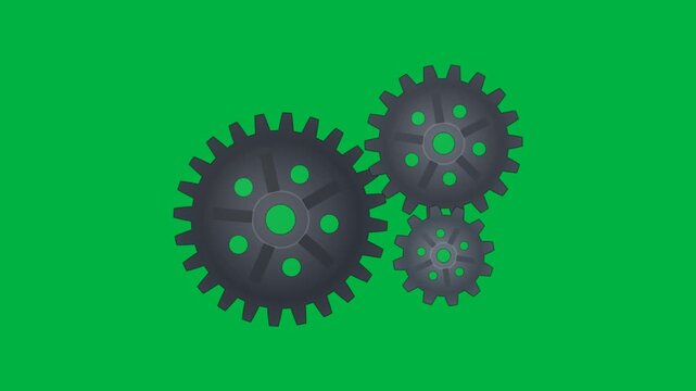 Three interlocking metal gears rotating smoothly on green screen background. Mechanical engineering concept animation with synchronized cogwheels and industrial machinery motion.