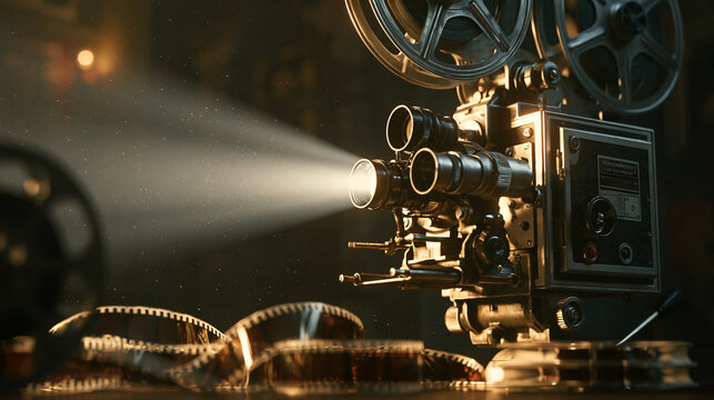 Vintage Movie Projector Casting Beam of Light with Film Reels   