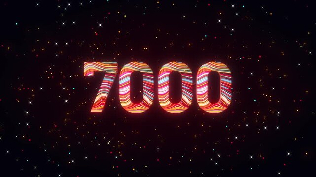 Animated 3D number 7000 rotates dynamically while colorful flowing lines and glowing particles move across a futuristic cosmic background with vibrant digital energy.