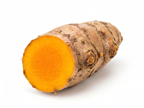 Fresh Turmeric Root Cut Slice Lying on White Background, Isolated Studio Shot of Organic Superfood Ingredient for Healthy Cooking and Herbal Medicine