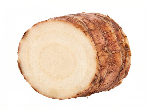 Fresh Taro Root Slice Isolated on White Background, Raw Organic Vegetable Cross Section for Cooking and Healthy Eating Concept