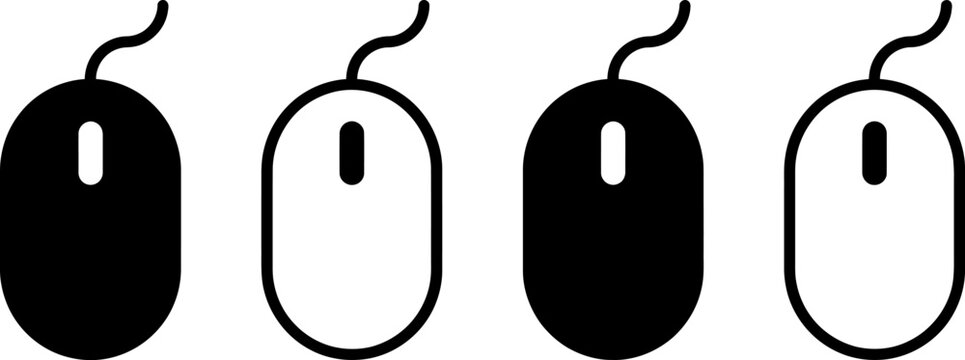 Minimalist wired computer mouse icon set featuring black solid silhouette and line outline styles with scroll wheels isolated on a white background for UI design.