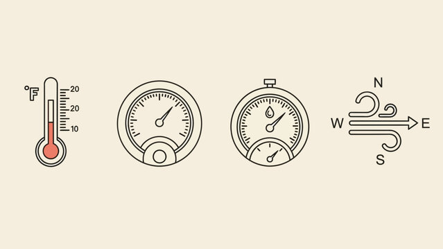 Weather Icons: Thermometer, Gauge, Hydrometer, and Wind Rose, Isolated on Transparent Background