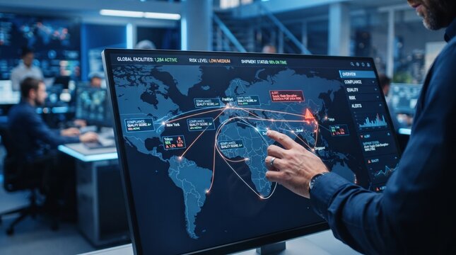 Business analyst monitoring global supply chain logistics on a digital interactive world map touchscreen display with logistics connectivity nodes modern office touchscreen monitor with map real time
