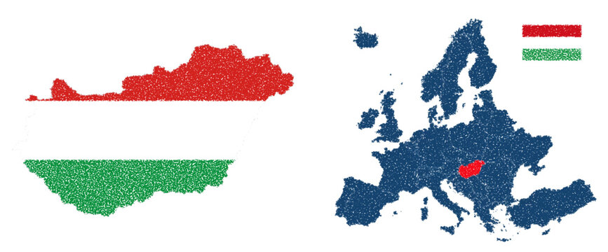 Detailed map of hungary integrated into europe continent graphic with national flag colors for geographical presentations and educational cartography.