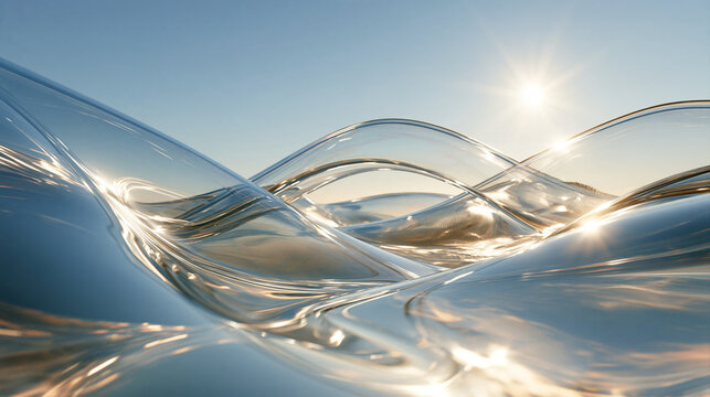 Transparent Glass Ocean Waves Flowing with Sunrise Light Reflection