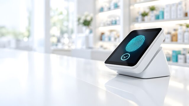 Modern point of sale terminal with glowing blue fingerprint scanner on a clean white counter in a bright retail store