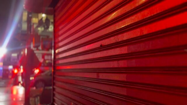 Cinematic close-up of a red metal roller door at night with urban street lights and reflections creating a moody atmosphere.
