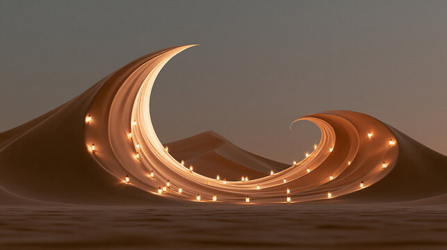Surreal Desert Dunes with Glowing Lights in Crescent Wave Formation