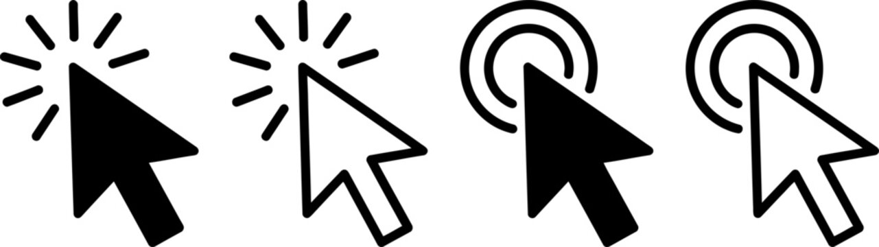 Computer mouse pointer cursor icon set features clicking arrow symbols in black silhouette and outline styles, isolated on white for web UI and graphic design.