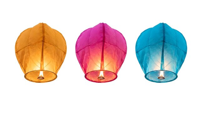 Three colorful sky lanterns isolated on a white background representing hope and celebration