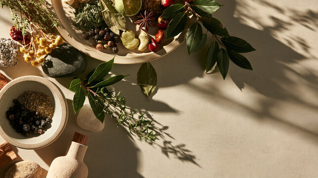 Natural Organic Skincare Cosmetics Podium Display with Stones and Leaves   