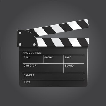 Cinema movie clapperboard vector asset. White black slate board, film director scene action clapboard, theater production showtime equipment graphic design concept.