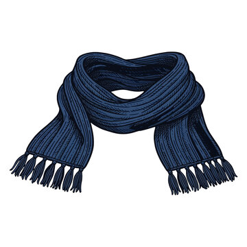 Hand drawn illustration of a blue knitted winter scarf isolated on white background