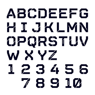 Alphabet and numbers are rendered in a stencil font style, characterized by clean lines and segmented forms, ideal for industrial or technical design projects.