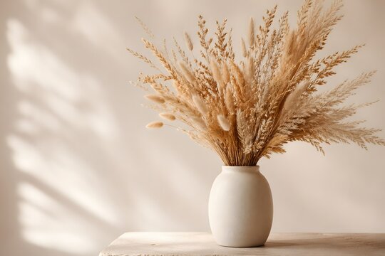 Dried grasses in a simple ceramic vase in autumn light